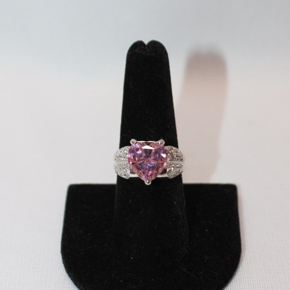 Pink Crystal Heart Ring, Pink Heart Crystal Silver Tone Ring SZ 8